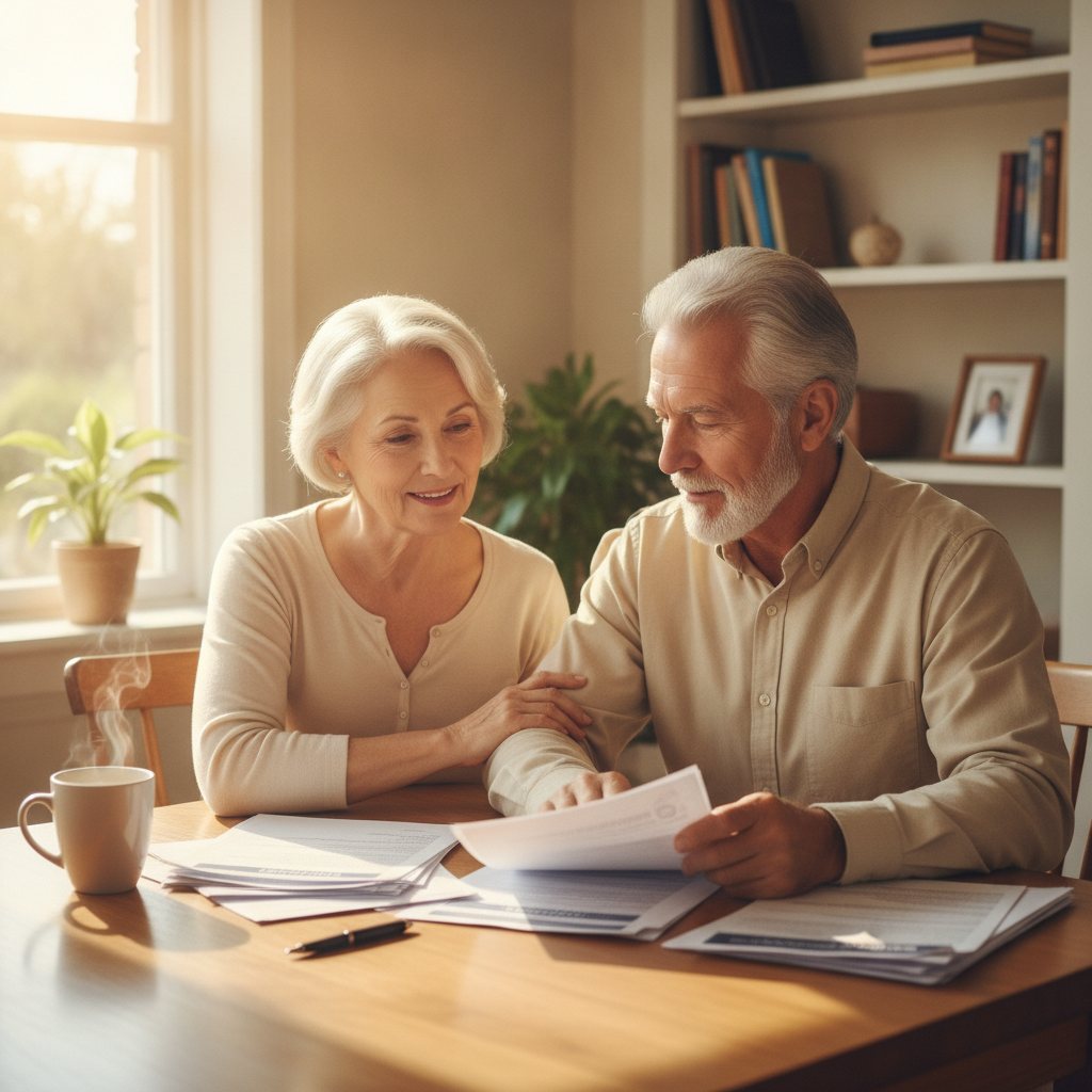 Older couple thoughtfully reviewing documents about health insurance plans at their kitchen table.