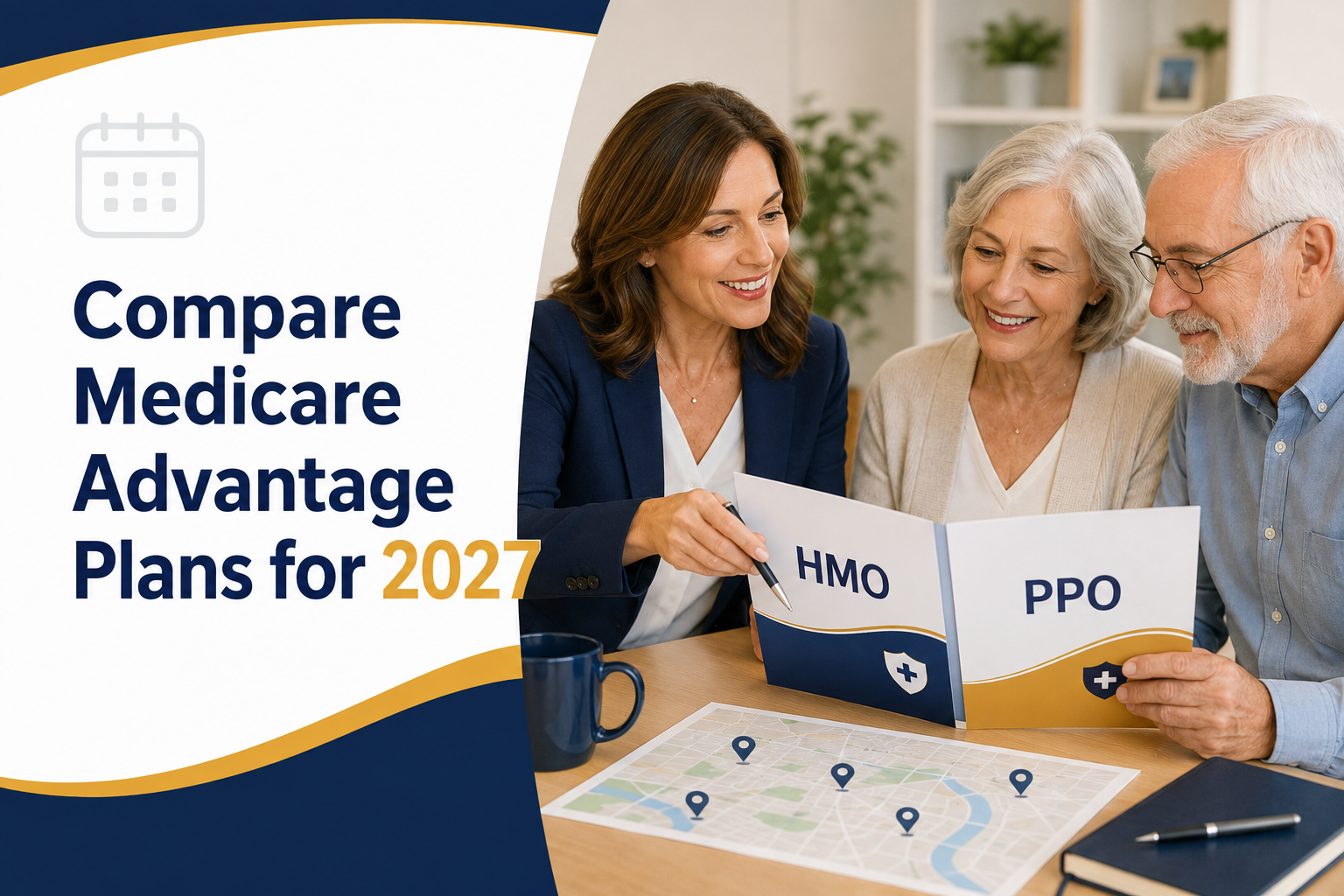 Medicare Advantage agent helping a senior couple compare local plan choices