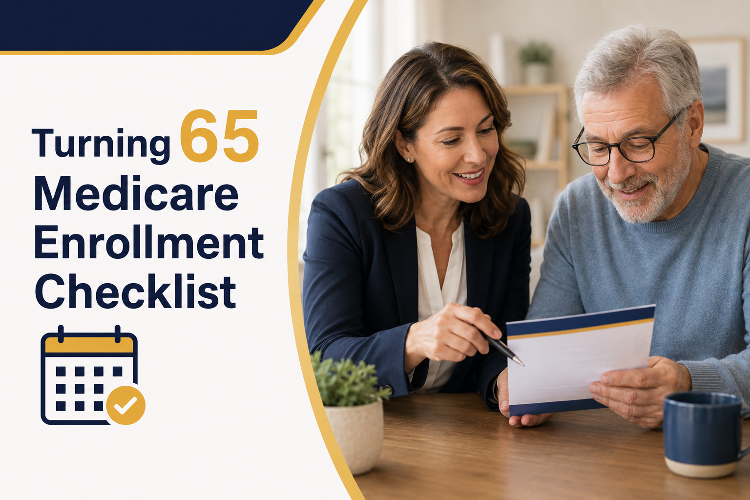 Person turning 65 reviewing a Medicare enrollment calendar with an agent