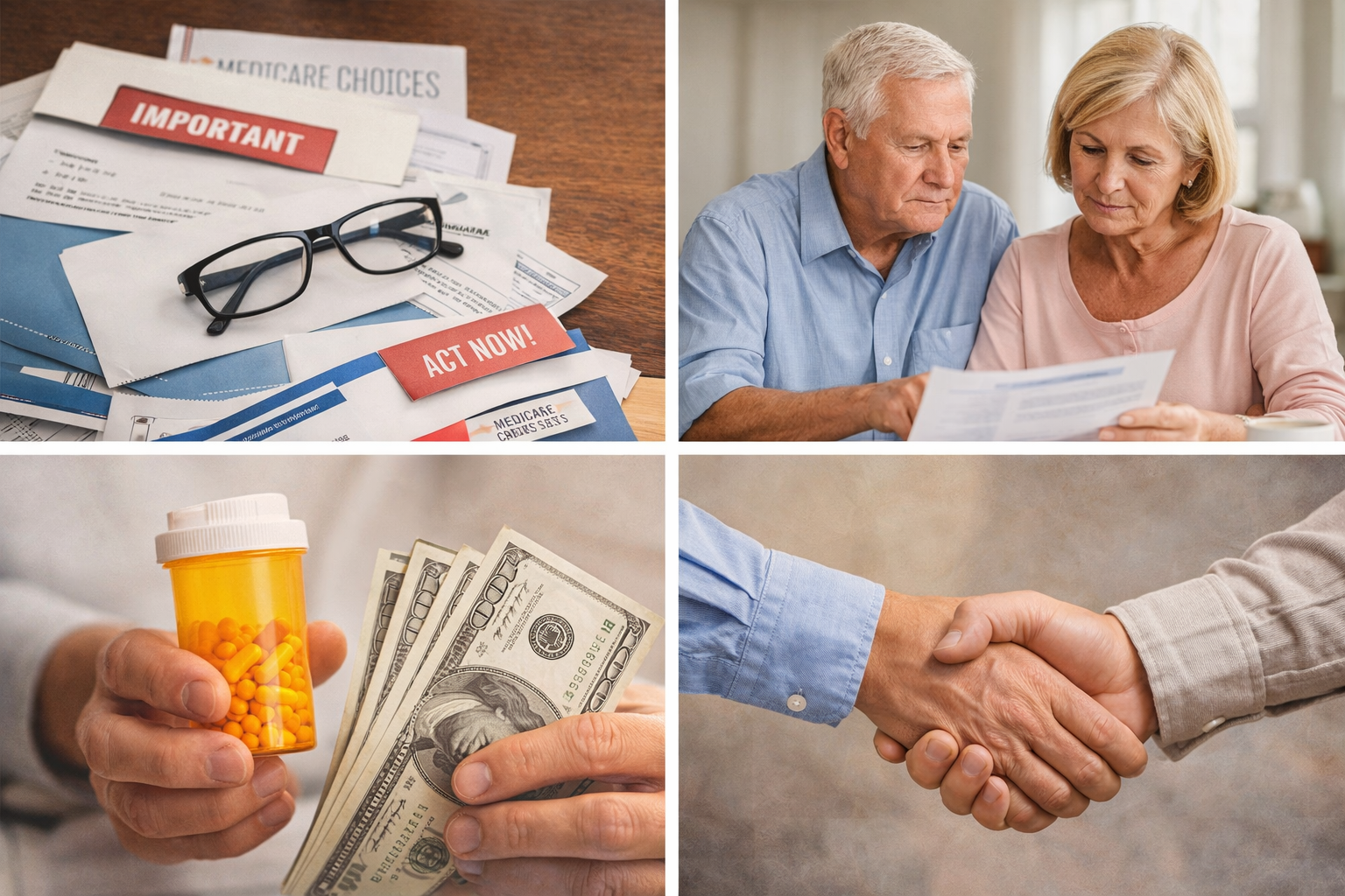 Four-panel image: Medicare mail and brochures with glasses; older couple reviewing paperwork; hand holding prescription bottle and cash; and a handshake, representing trust and guidance in choosing health coverage.
