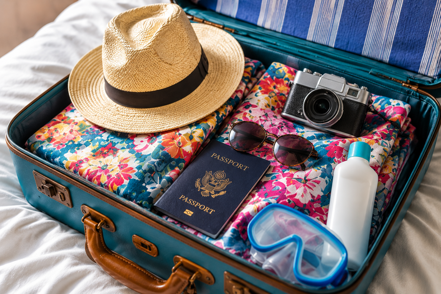 Medicare travel coverage image showing a packed suitcase with passport, hat, sunglasses, camera, and vacation essentials for summer trips and cruises.