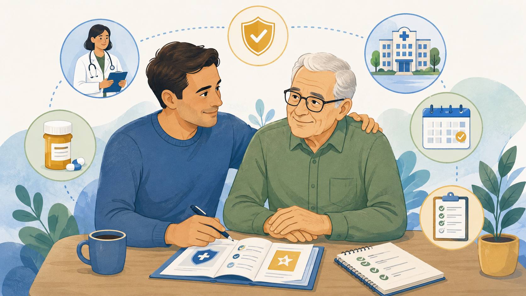 Adult child sitting with an older parent while reviewing Medicare information and healthcare options at a table.