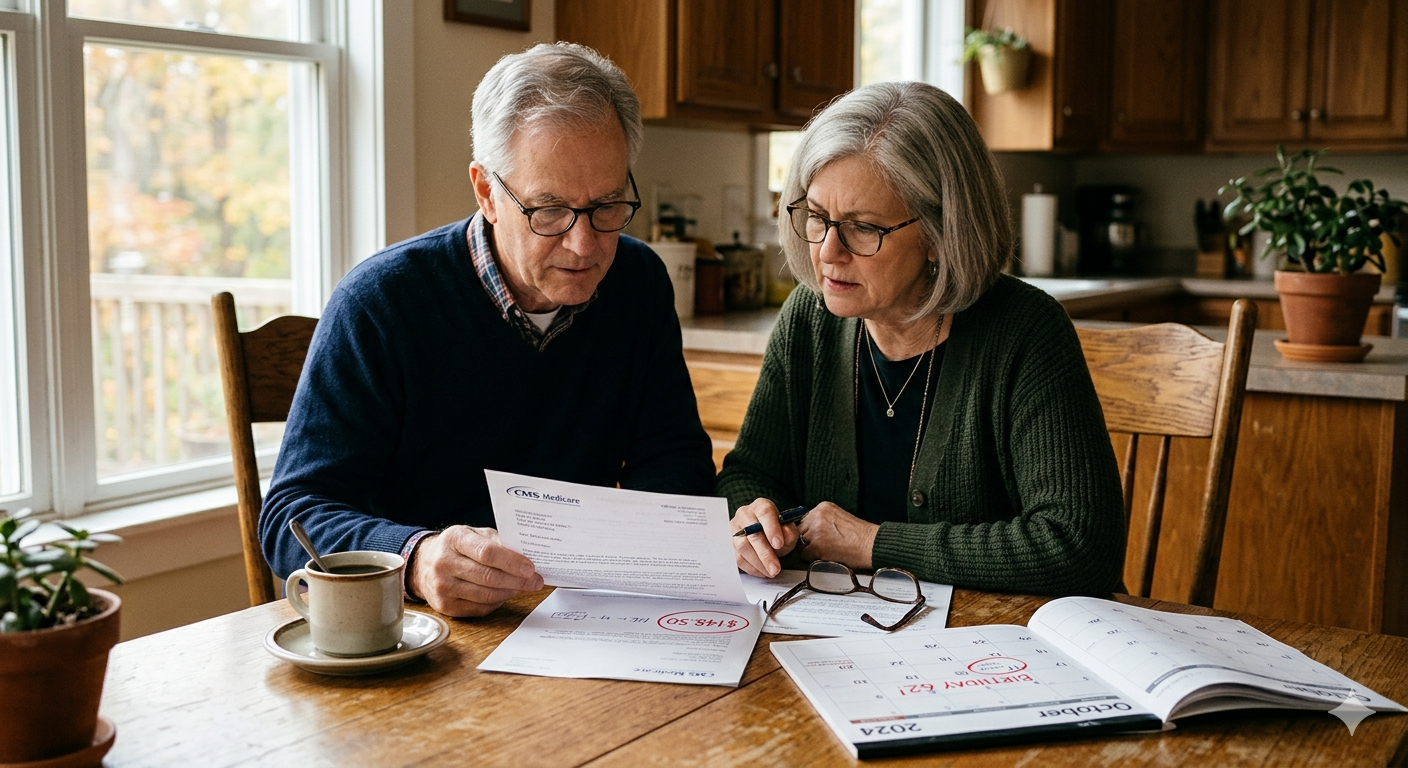 older couple reviewing medicare paperwork dollar amount circled