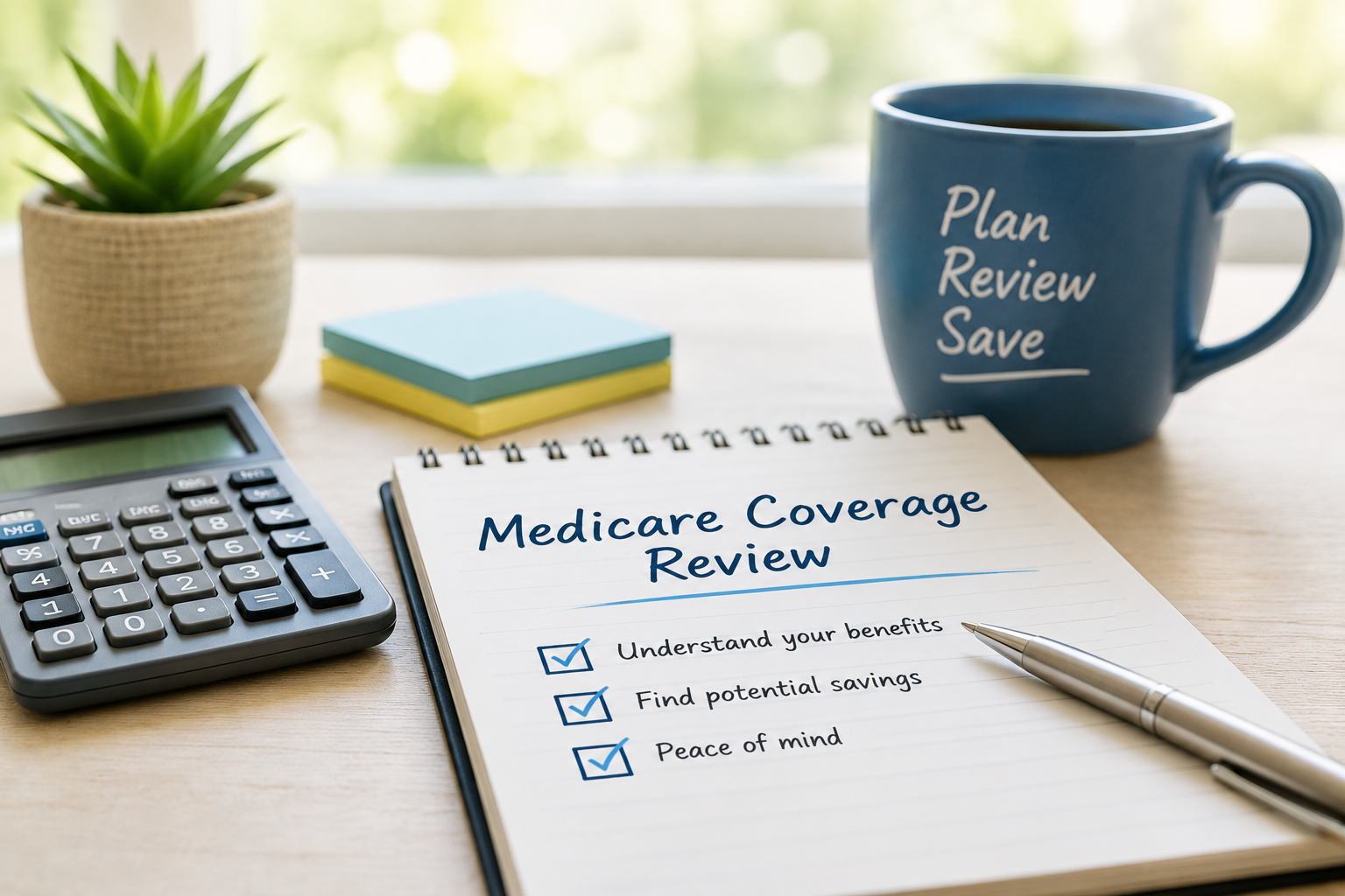 Medicare coverage review checklist on a desk with a calculator, notepad, pen, and coffee mug.