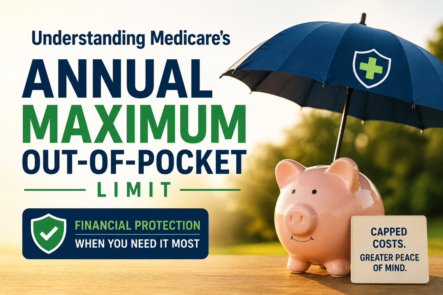 Piggy bank protected by an umbrella, symbolizing Medicare Advantage annual maximum out-of-pocket protection against high medical costs.