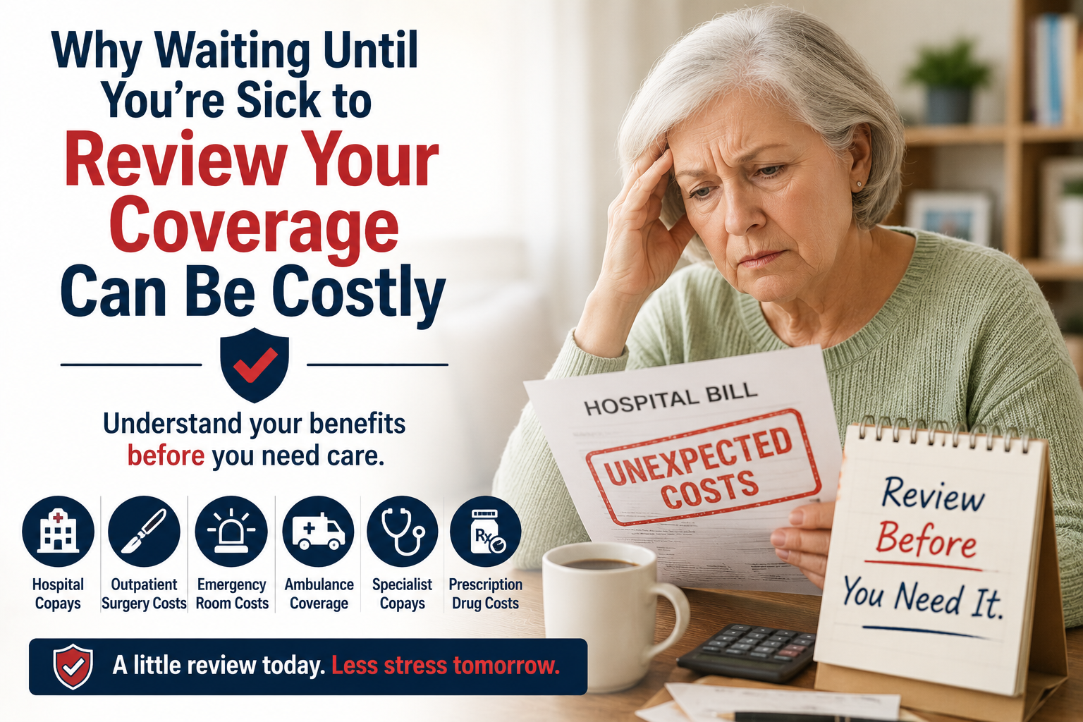 Older adult reviewing an unexpected hospital bill, illustrating the importance of reviewing Medicare coverage before a medical emergency to avoid unexpected healthcare costs.