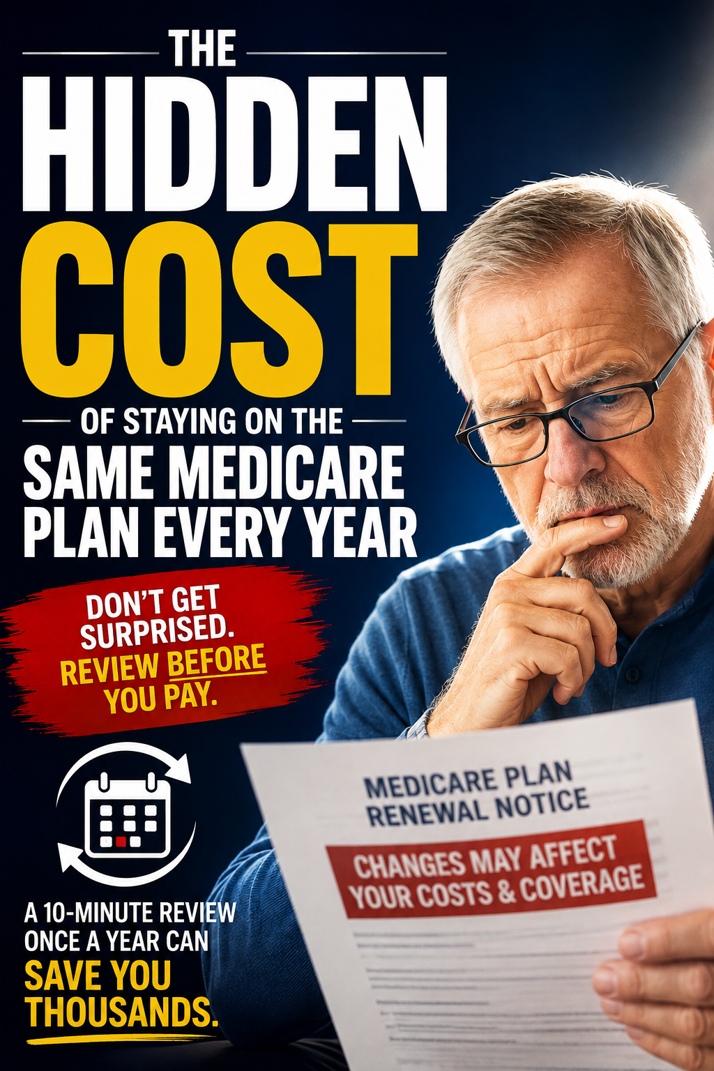 Older man reviewing his Medicare plan renewal notice with concern, highlighting the hidden cost of staying on the same Medicare plan every year without reviewing changes.