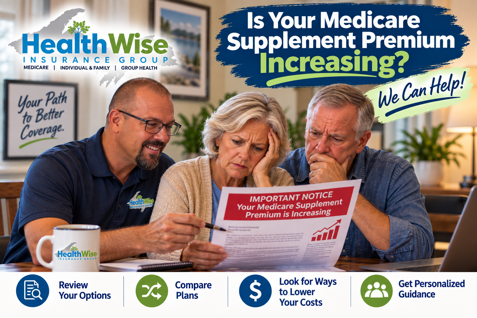 An older couple in Michigan thoughtfully reviewing Medicare insurance documents at their kitchen table.