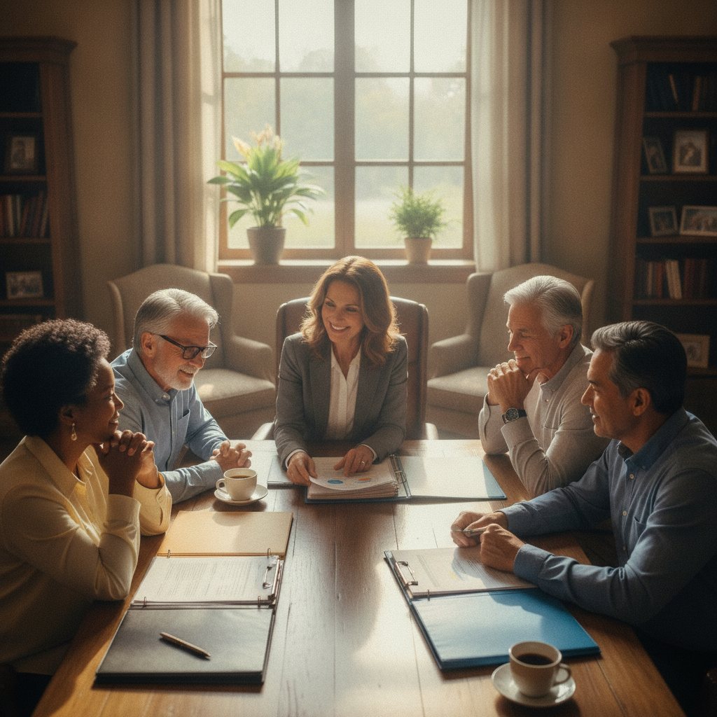 Smiling older adults reviewing Medigap insurance documents with a knowledgeable agent, discussing Plan G and Plan N.