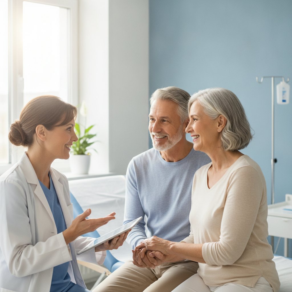 A smiling older couple consulting with their doctor during a Medicare annual wellness visit, discussing their health.