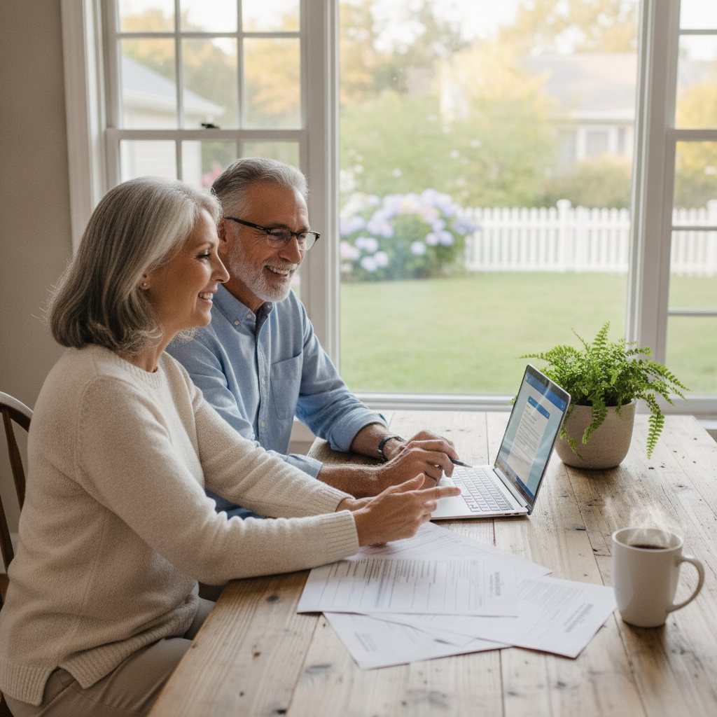Happy older couple in New Jersey reviewing Medicare enrollment documents and a laptop at their kitchen table.