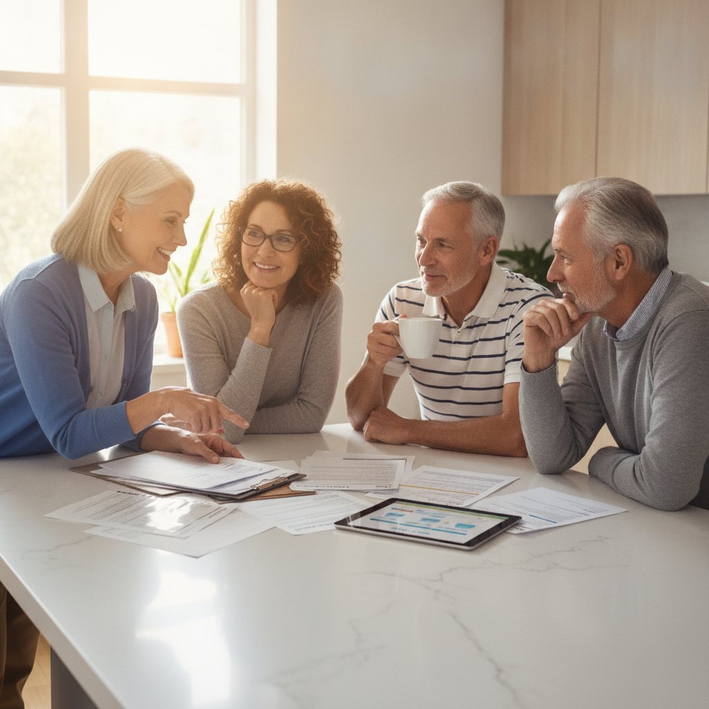 Smiling seniors comparing Medicare and health insurance paperwork at a kitchen island.
