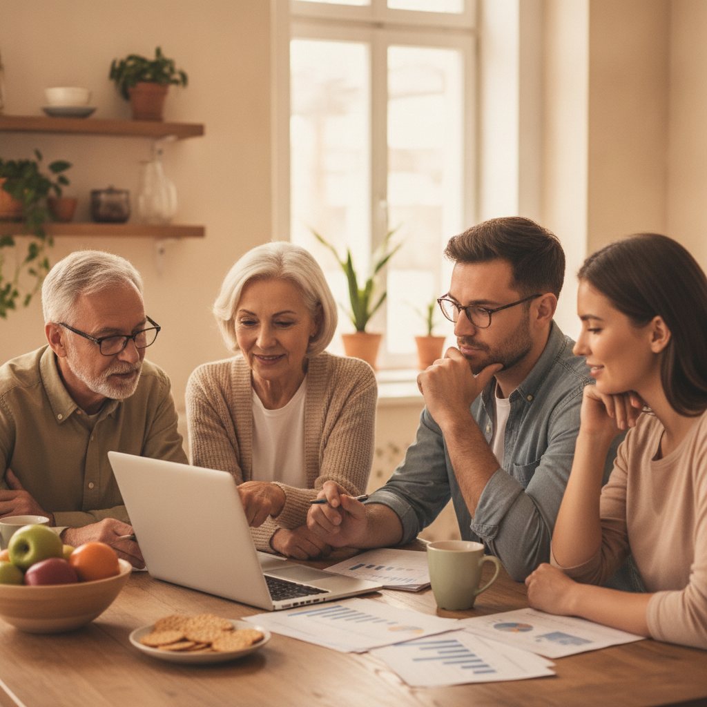 A multi-generational family reviews health insurance documents and a laptop at their kitchen table, discussing ACA subsidies and eligibility.