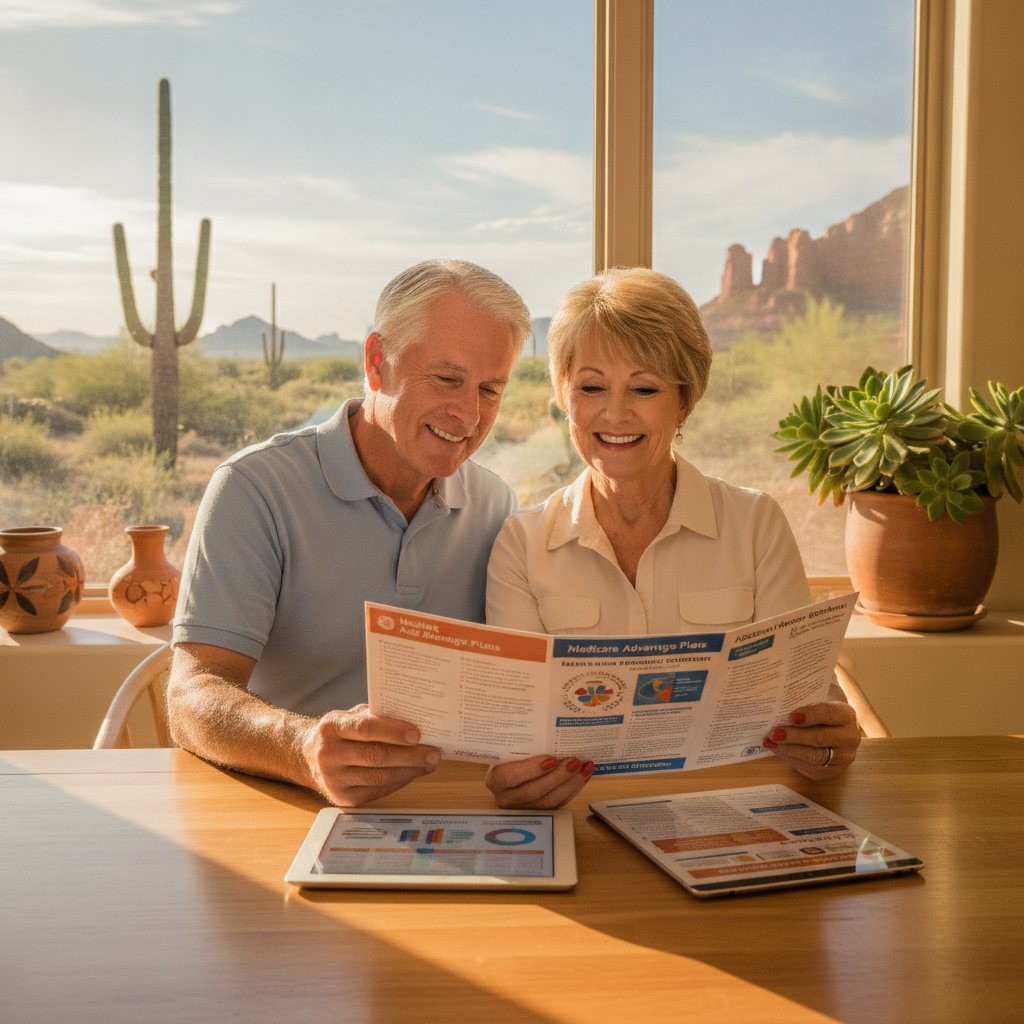 Senior couple in Arizona reviewing Medicare Advantage plan paperwork at their kitchen table