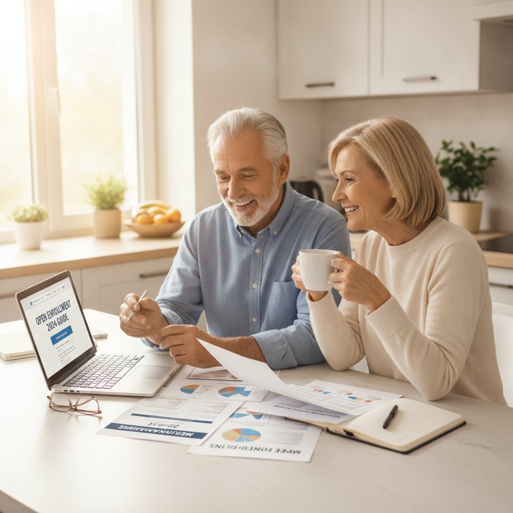 Happy senior couple reviews Medicare Open Enrollment documents and a laptop at their kitchen table, planning their health coverage.