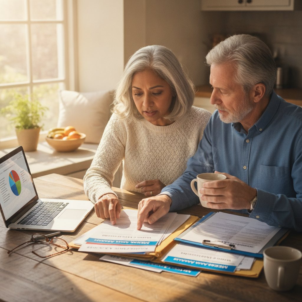 Older couple reviewing Medicare Advantage and Supplement plan documents at a kitchen table, making a healthcare decision.