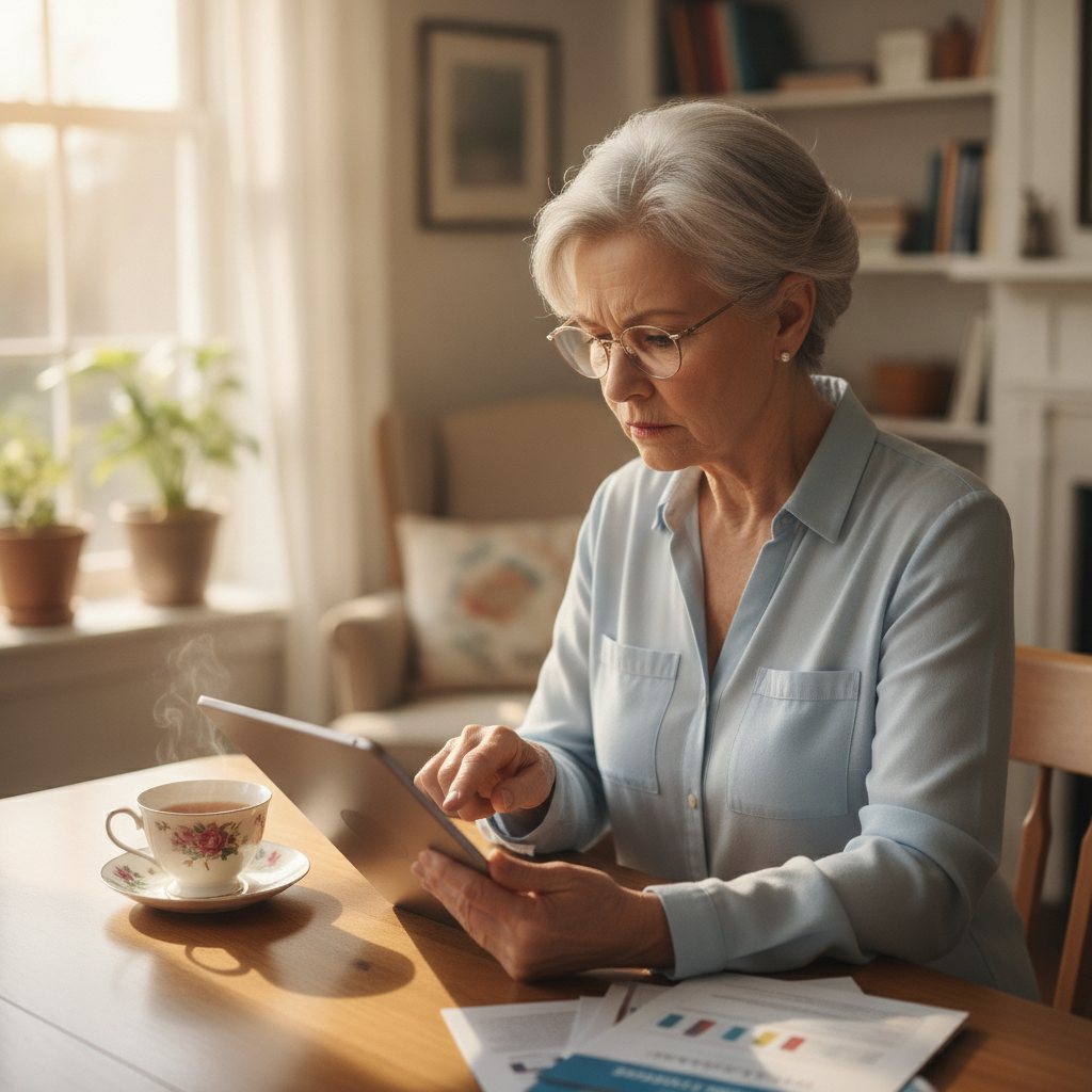 Older woman thoughtfully reviewing Medicare plan documents at a kitchen table, contemplating her healthcare choices.