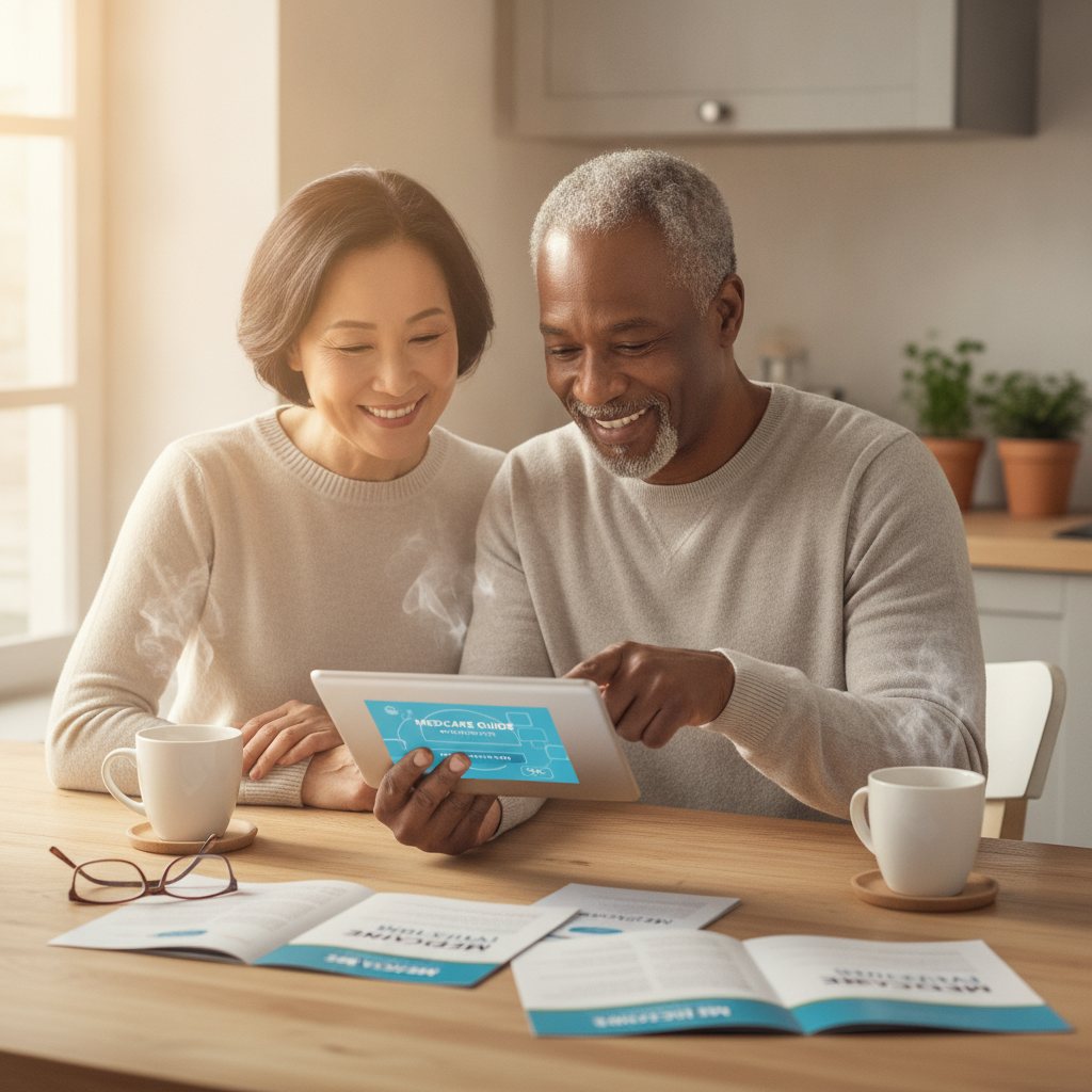 Smiling older couple reviewing Medicare enrollment paperwork and a tablet at a sunny kitchen table.