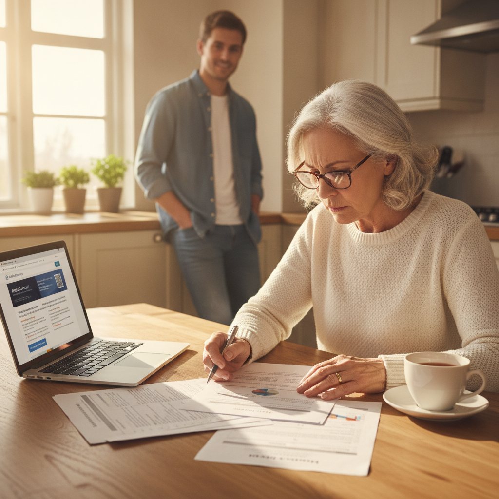 Senior woman thoughtfully reviewing health insurance documents and laptop at a kitchen table.