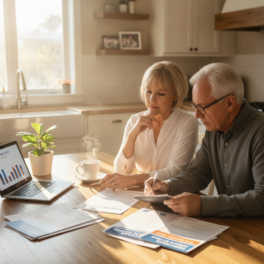 An older couple intently reviewing Medicare Supplement Plan G and Plan N documents at their kitchen table, making an informed decision.