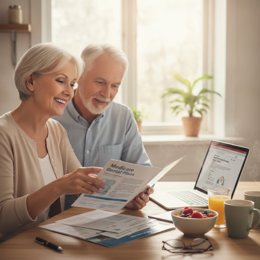 Smiling senior couple reviewing dental insurance plans on a laptop at their kitchen table, looking happy and healthy.