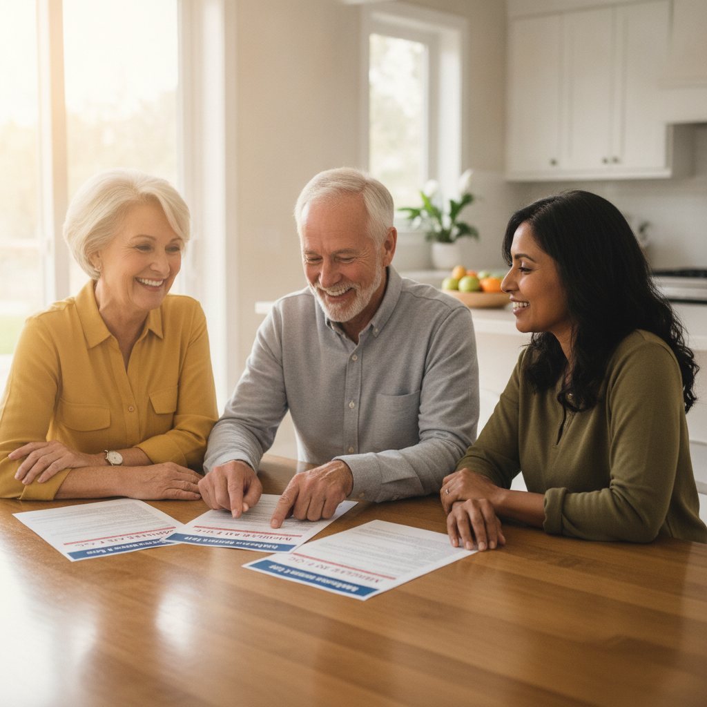 Smiling seniors reviewing Medicare Supplement plan documents at a kitchen table, discussing their healthcare options.