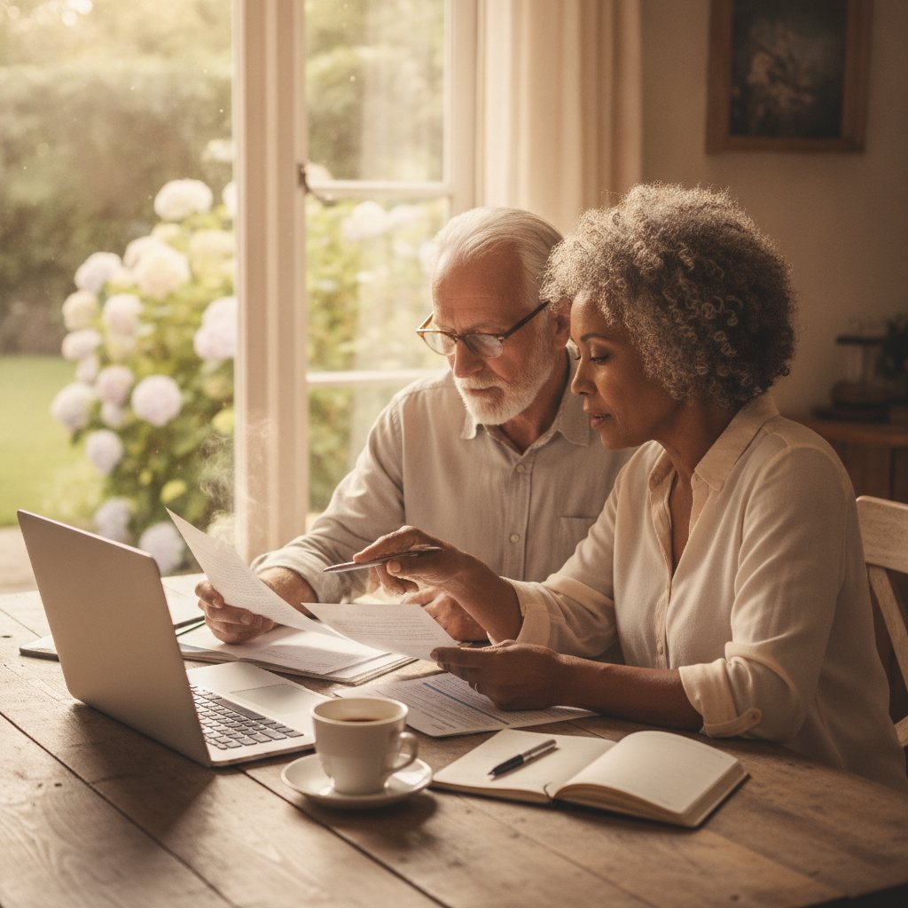 An older couple reviewing Medicare documents and a laptop at their kitchen table, preparing for AEP.
