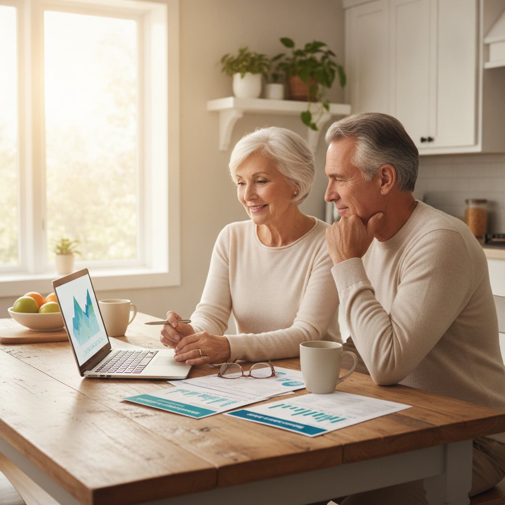 Senior couple reviewing United American Medicare Supplement plan documents at home.