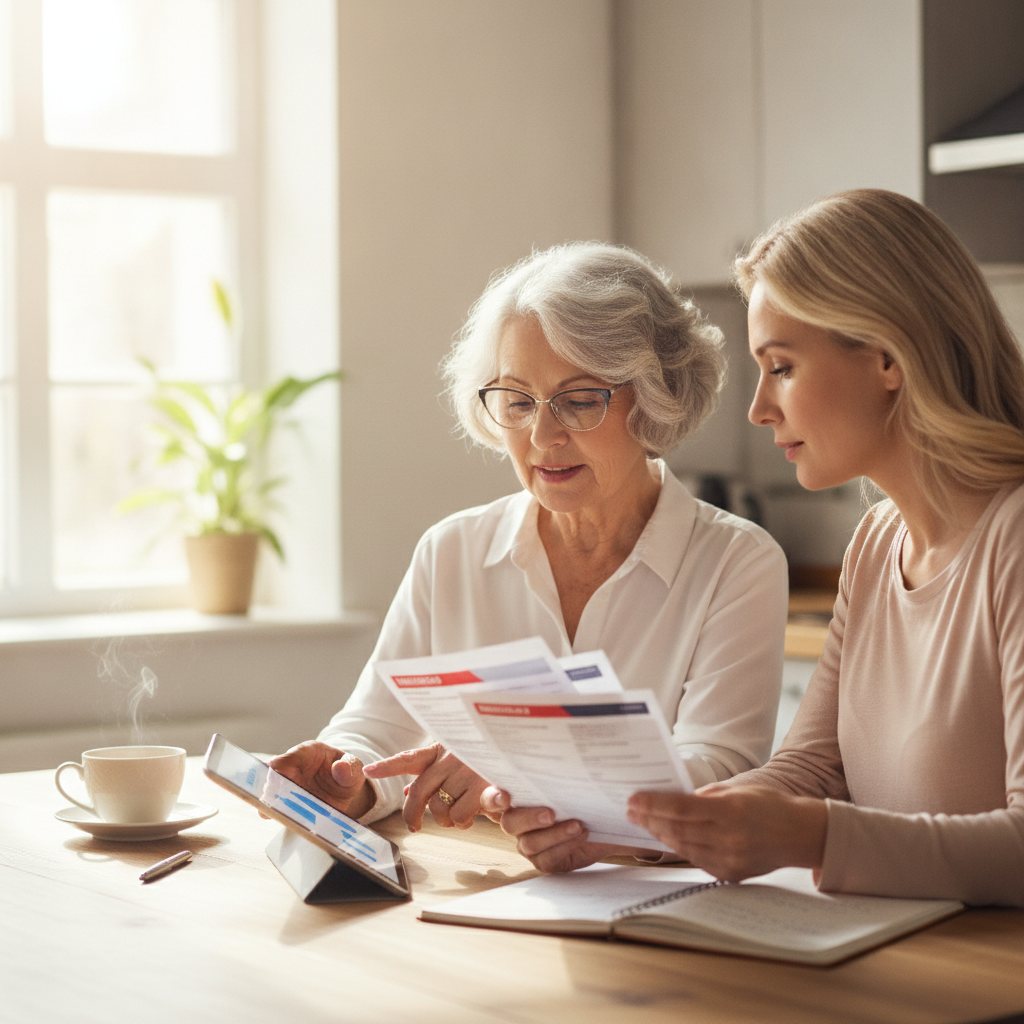 A senior woman and her daughter reviewing Medicare Part D prescription drug plan documents and options on a tablet.