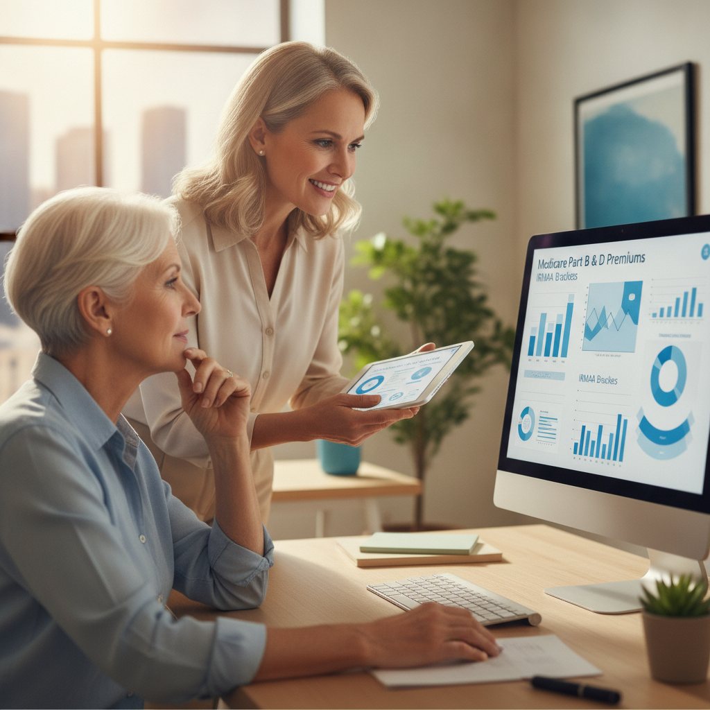 Senior couple reviewing Medicare documents with an independent insurance agent, discussing income-related monthly adjustment amounts (IRMAA)