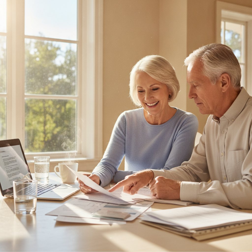 A senior couple reviews Medicare plan documents and a laptop at their kitchen table.