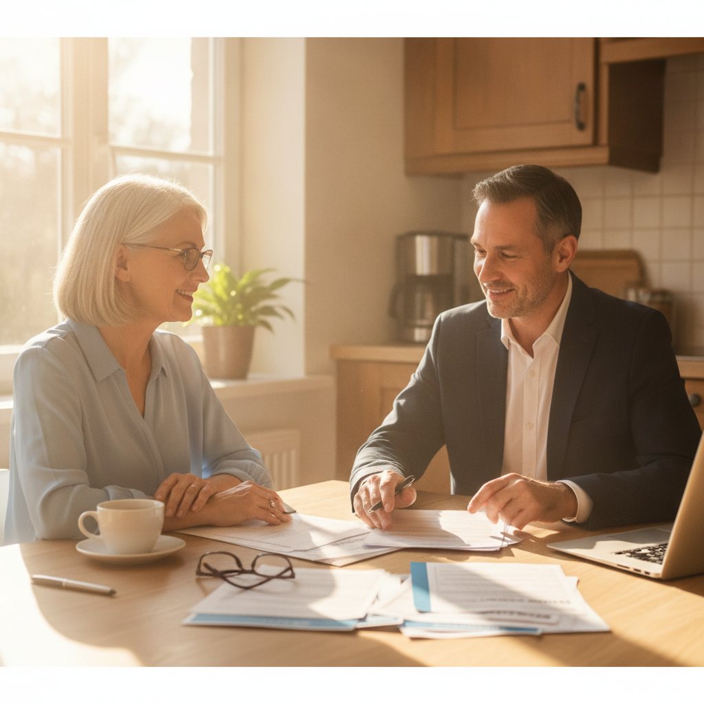 A smiling older couple reviews Medicare documents at their kitchen table, bathed in sunlight.