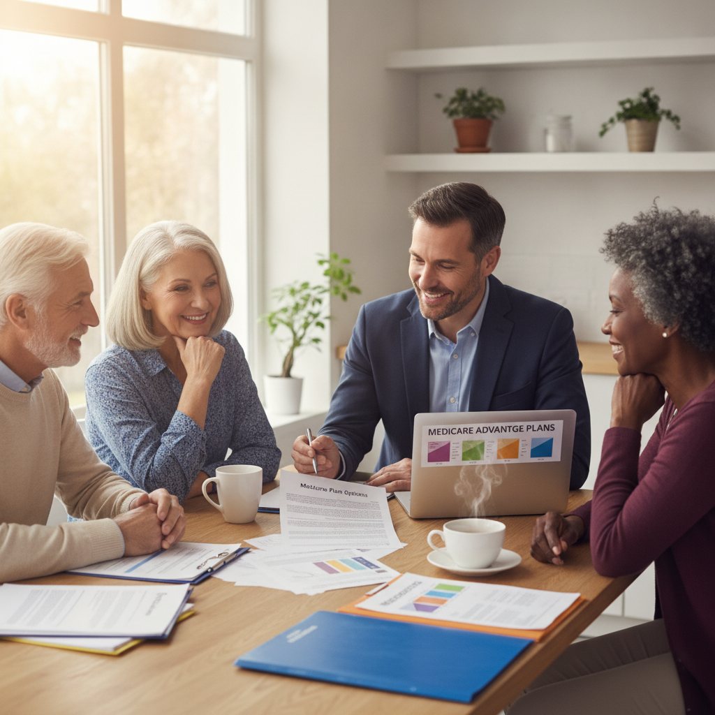 An independent insurance agent helps a diverse group of seniors understand and compare Medicare plan options at a kitchen table.
