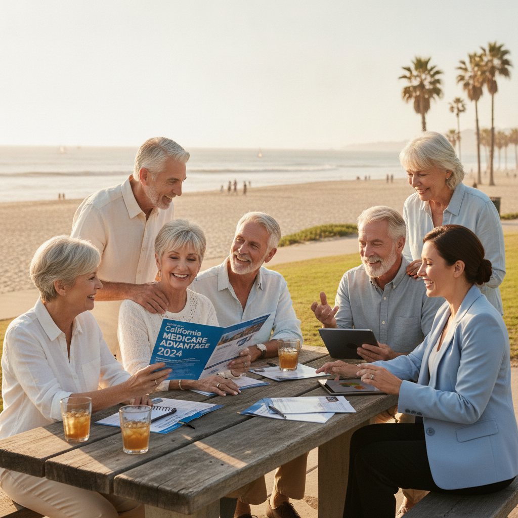 S Seniors discussing California Medicare Advantage plans with a helpful insurance agent outdoors in a sunny California setting.