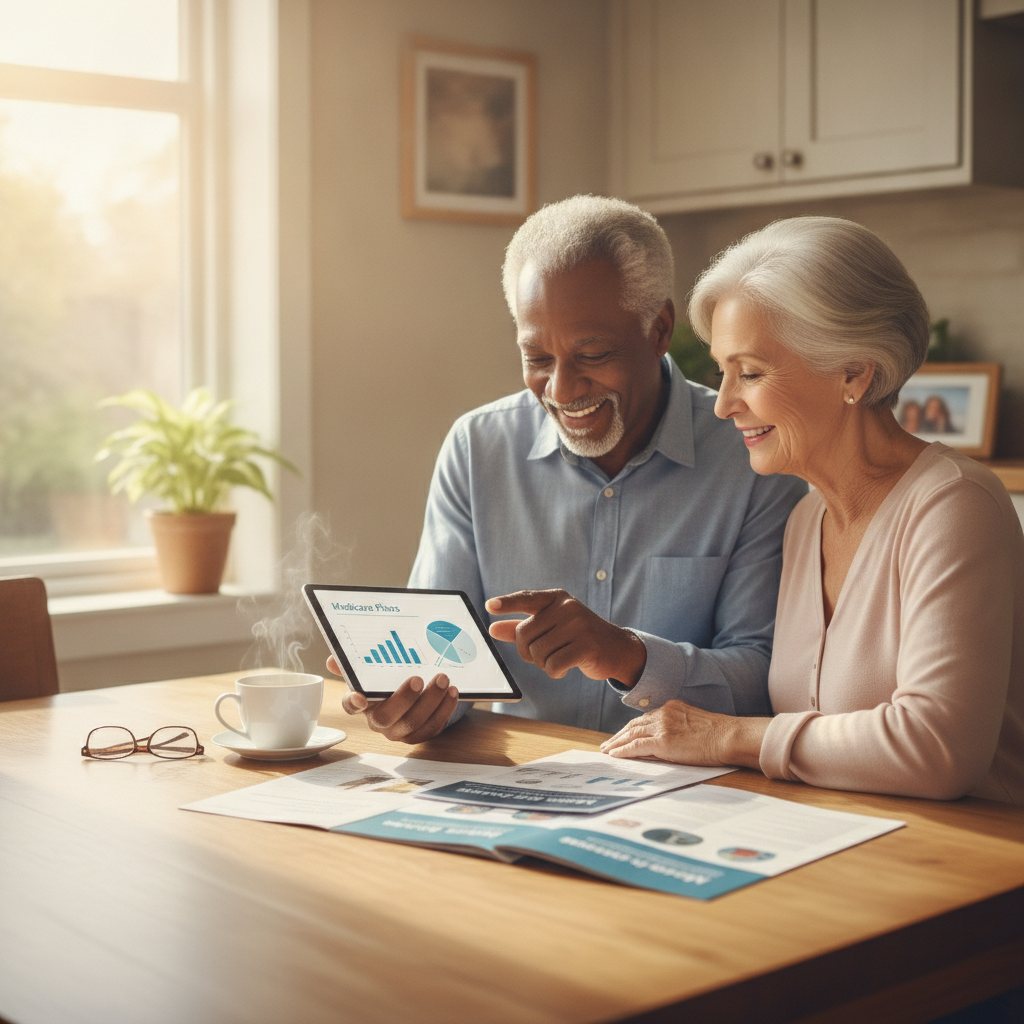 Older couple at a kitchen table comparing Medicare Supplement and Medicare Advantage plan documents.