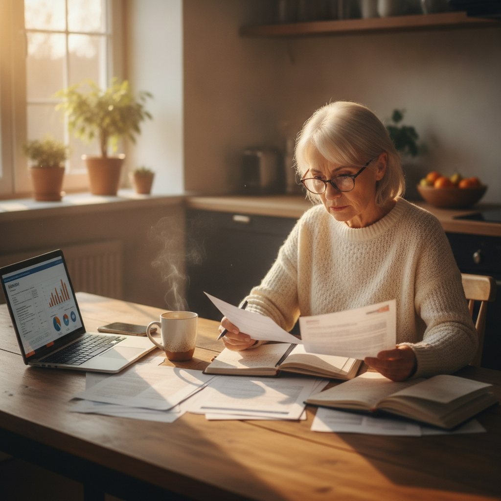 An older woman with a thoughtful expression reviews complex Medicare documents at a sunlit kitchen table, a coffee cup nearby.