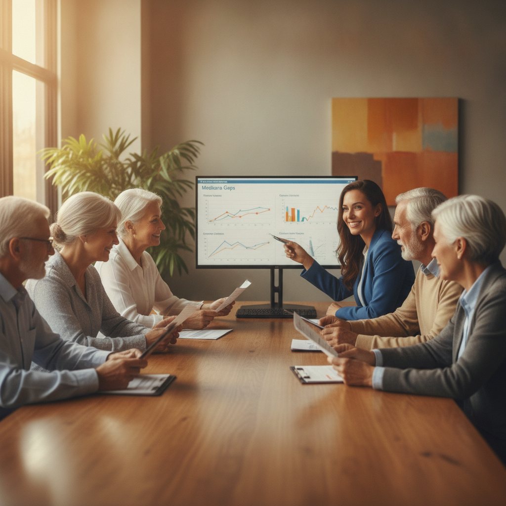 An independent insurance agent reviews Medicare plan options with two older adults at a desk, illustrating personalized healthcare guidance.