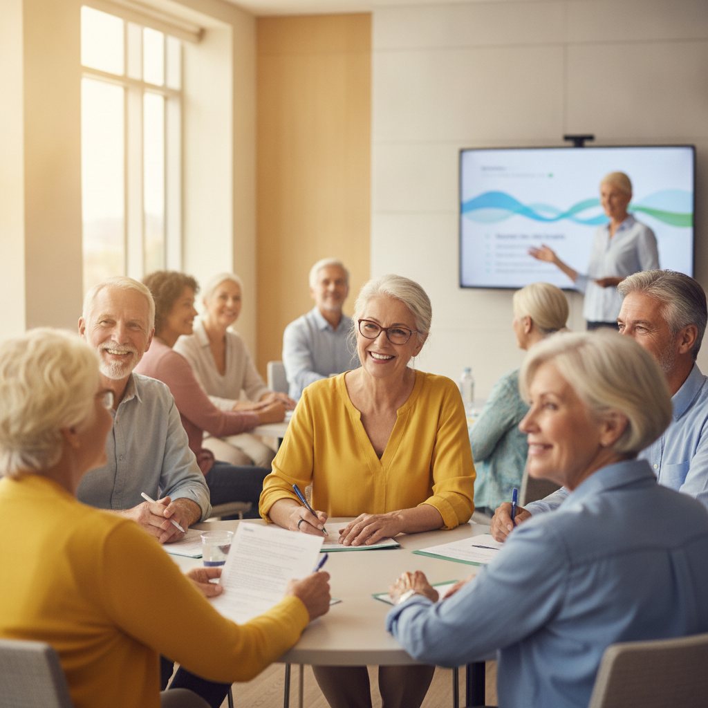 Smiling older adults attending a seminar about state retiree health benefits and Medicare planning, engaged in learning.