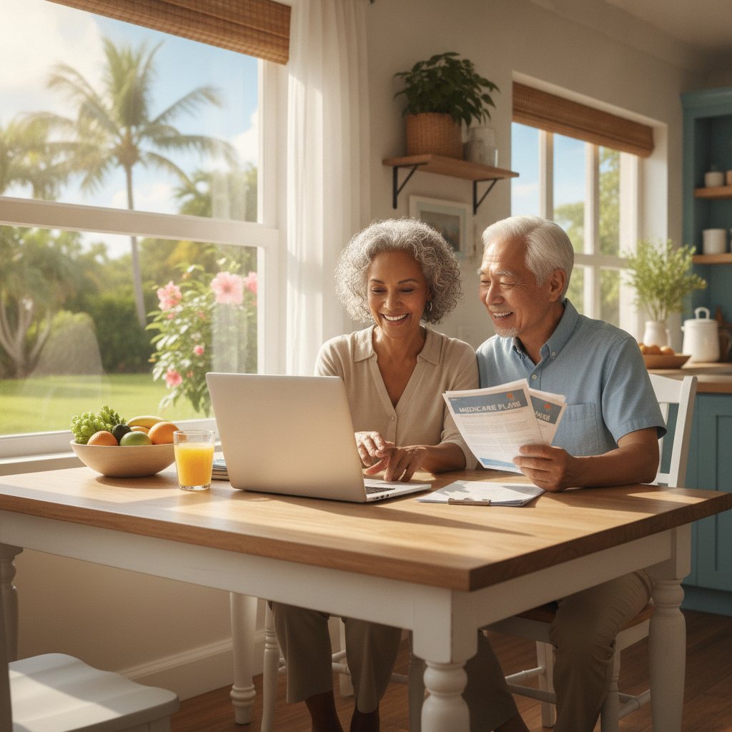 Happy senior couple in Florida reviewing Medicare plan options and paperwork at a sunny kitchen table.
