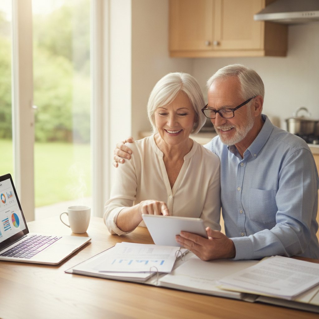 Happy senior couple reviewing investment documents and financial plans at home, planning their secure retirement.