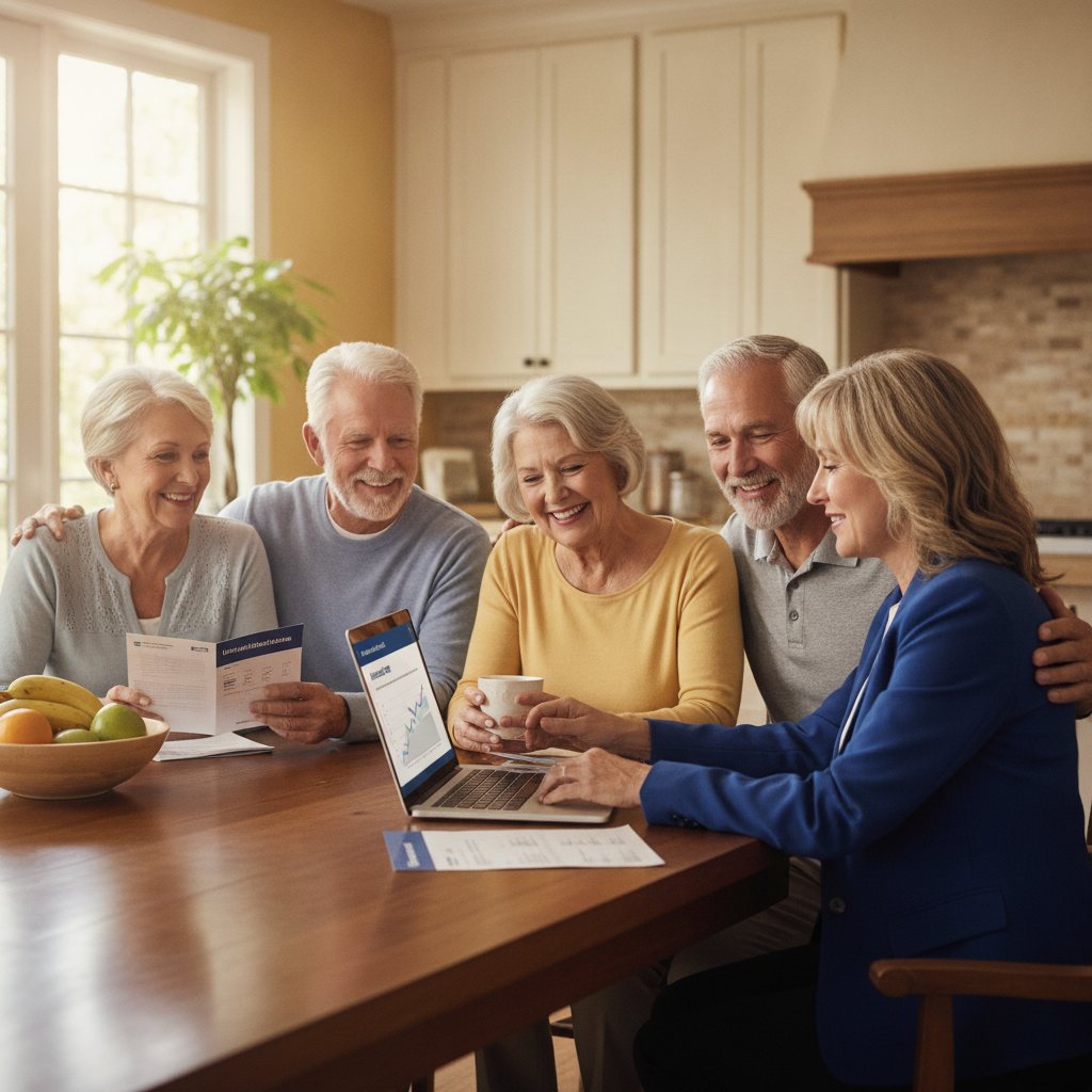 Smiling older couple and an agent reviewing UnitedHealthcare Medicare plan documents at a sunlit kitchen table.